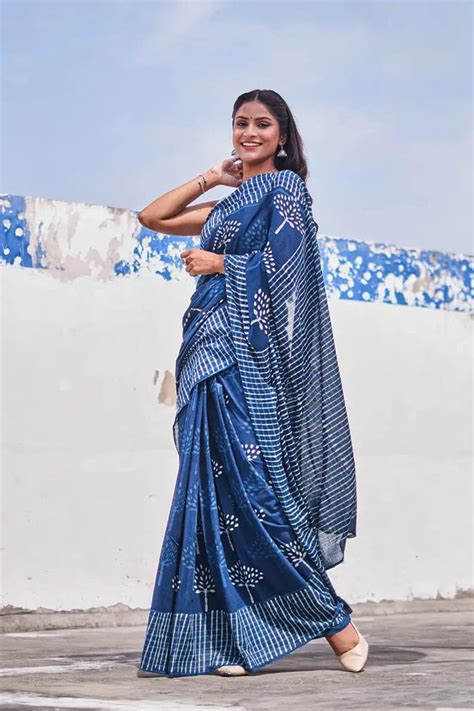 Indigo Spells Dabu Hand Block Bagru Print Cotton Saree At Best Price