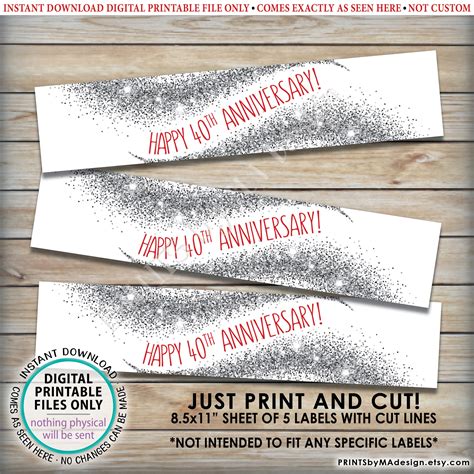 40th Anniversary Water Bottle Labels Ruby Red And Silver Glitter Party Decor Five Labels Per 8