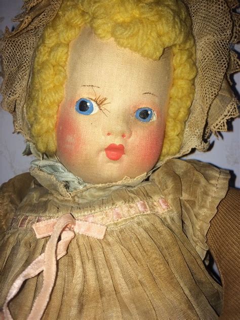 Vintage Antique Rag Cloth Doll Painted Face Yarn Hair Original Clothes