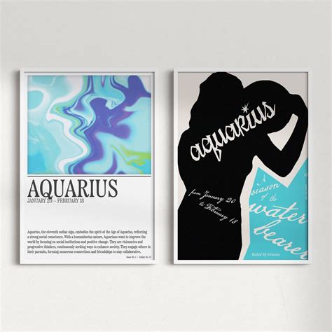 2 Aquarius Retro Mcm Digital Posters Set Download Trendy Groovy Zodiac Astrology Wall Art Aura