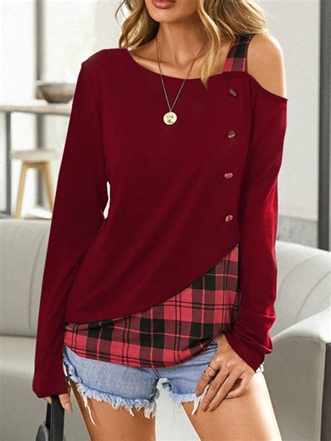 Women Plaid Patchwork Off Shoulder Long Sleeve Casual T Shirt Autumn