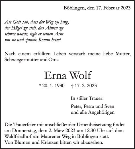 Traueranzeigen von Erna Wolf Kreiszeitung Böblinger Bote