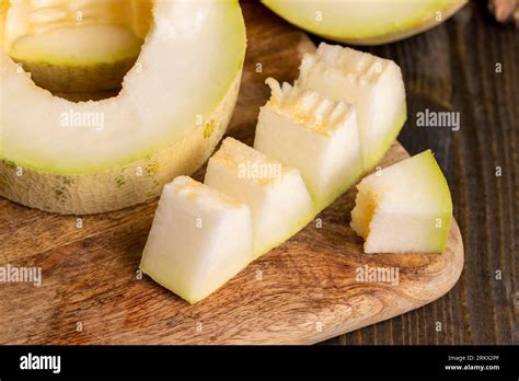 Cut Into Pieces Ripe Yellow Melon With Sweet Pulp Cut Melon On Kitchen