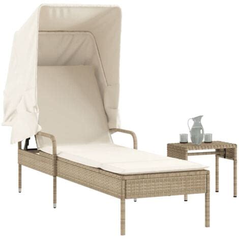 Chaise longue avec auvent et table beige résine tressée