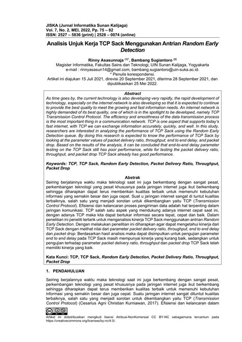 PDF Analisis Unjuk Kerja TCP Sack Menggunakan Antrian Random Early