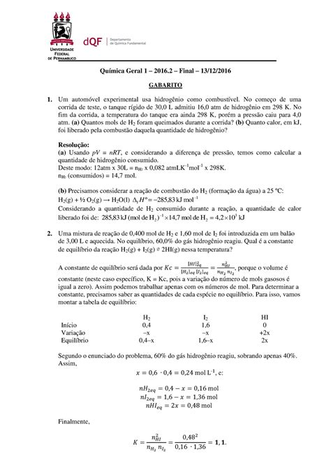 Prova Dezembro Quest Es E Respostas Qu Mica Geral