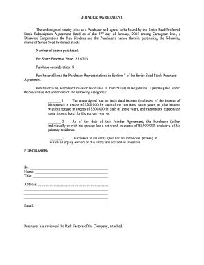 Fillable Online Joinder Agreement The Undersigned Hereby