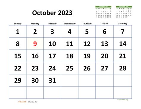 October 2023 Calendar with Extra-large Dates | WikiDates.org