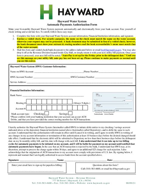 Fillable Online Hayward Water System Automatic Payments Authorization