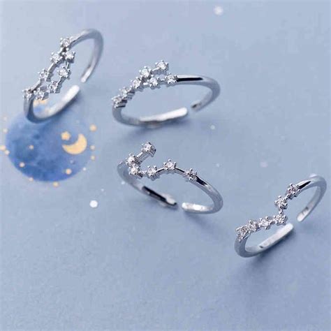 12 Constellation Rings For Women Cubic Zircon Adjustable Zodiac Silver