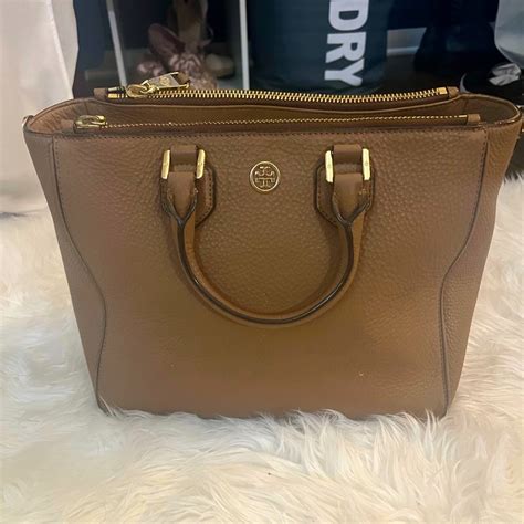 Tory Burch Tan Pebbled Leather Square Tote Gem