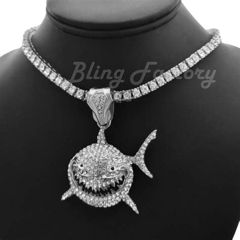 6ix9ine Shark Pendant And 16 18 20 1 Row Diamond Tennis Chain Hip Hop