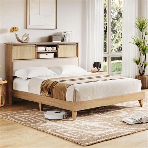 Whizmax Rattan Queen Size Bed Frame With Sliding Door Shelf Headboard ...