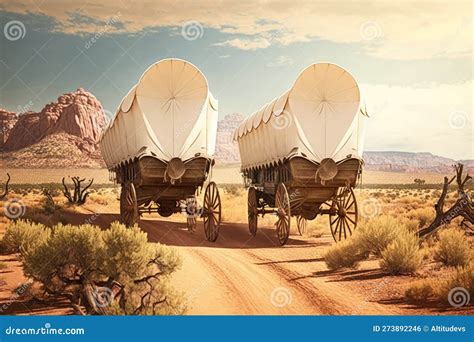 Pair Of Covered Wagons Traveling Through Open Plains In The Old West