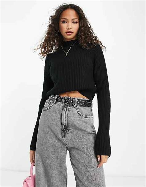 Monki Ribbed Knit Sweater In Black Asos