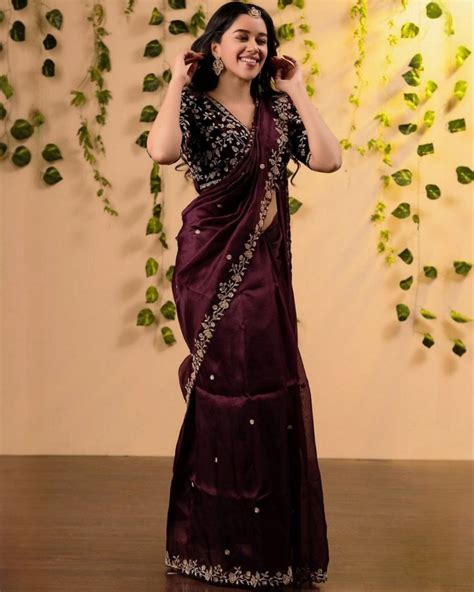 Exclusive Wine Organza Silk Embroidery Sequence Work Saree