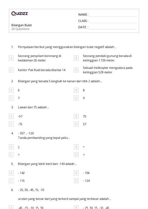 Mais De Planilhas Operasi Dengan Bilangan Bulat No Quizizz