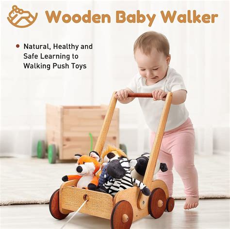 Woodtoe Wooden Baby Walker, Adjustable Speed Anti-Rollover Push Walker