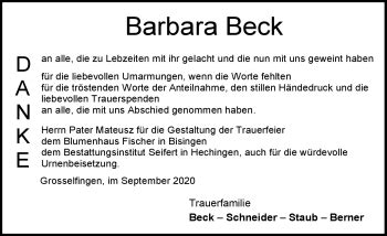 Traueranzeigen von Barbara Beck Schwarzwälder Bote Trauer