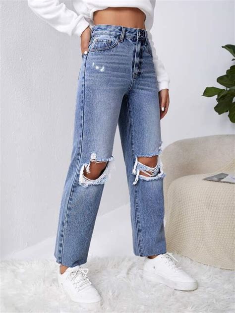 Shein Ezwear Ripped Raw Cut Straight Leg Jeans Shein