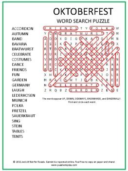 Oktoberfest Word Search Puzzle Activity Worksheet Game No Prep