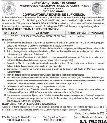 CONVOCATORIA A EXAMEN DE SUFICIENCIA FACULTAD DE CIENCIAS ECON MICAS