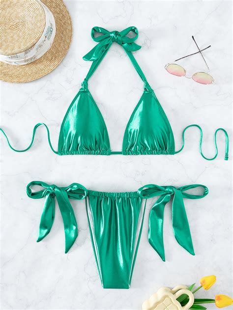 Shein Swim Bae Metallic Halter Triangle Tie Side Bikini Swimsuit