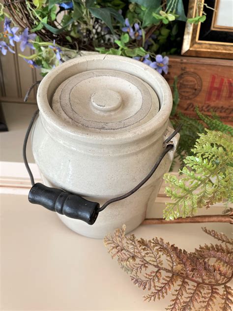 Antique Stoneware Crock With Lid Turned Wooden Bead Handle Etsy