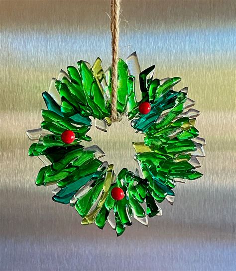 Fused Glass Wreath Christmas Ornament Green Clear Red Wreath Etsy