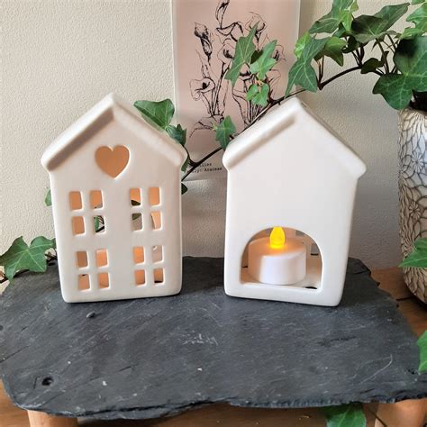 White Ceramic House Tealight Holder Cut Out Windows And Etsy