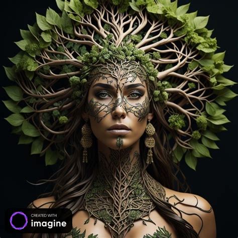 A Woman With Green Leaves On Her Head And Branches All Over Her Face