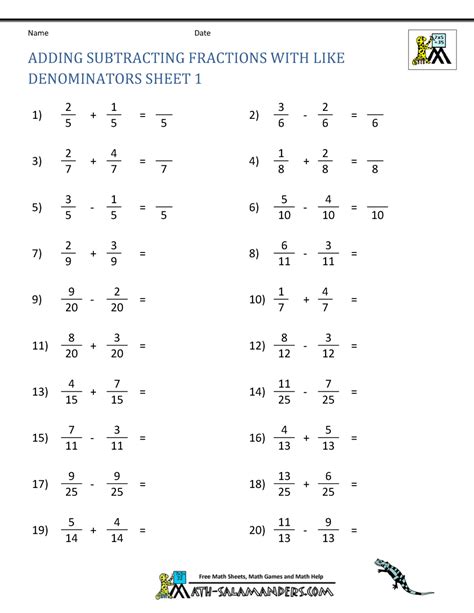 Adding And Subtracting Like Fractions Worksheets