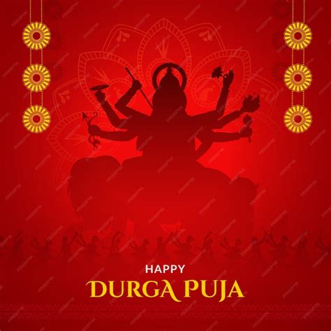 여신 Durga 해피 Navratri Durga Puja 및 Dussehra의 실루엣 프리미엄 벡터