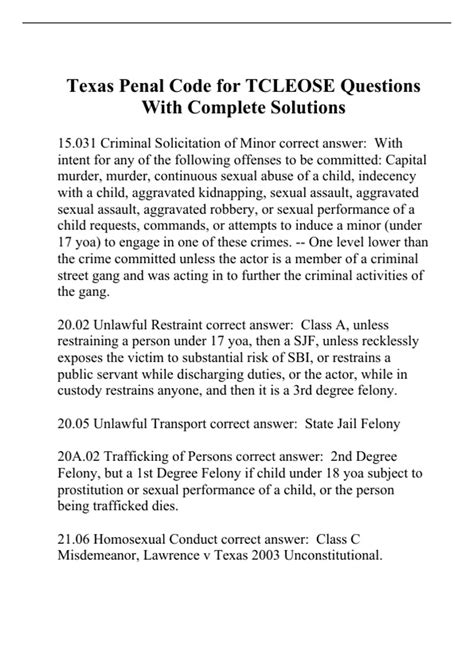 Texas Penal Code For Tcleose Questions With Complete Solutions Tx Penal Code Stuvia Us