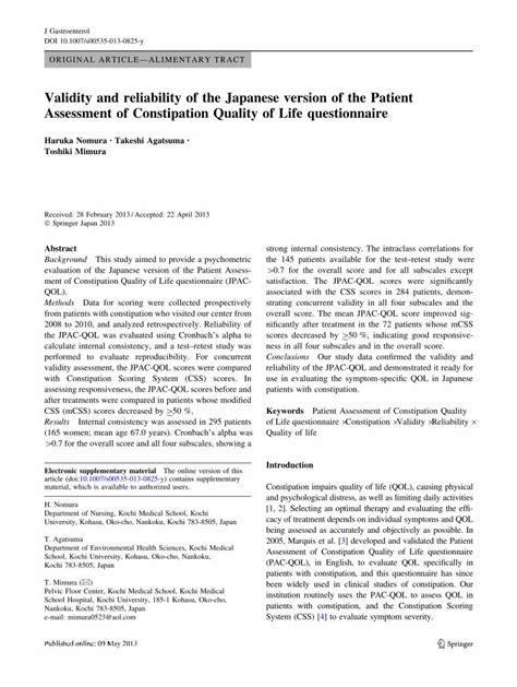 Pdf Validity And Reliability Of The Japanese Version Of The Patient Assessment Of Constipation