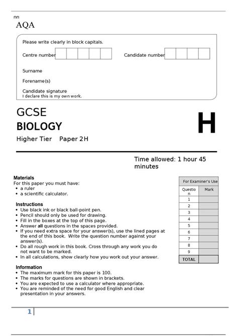 AQA GCSE BIOLOGY 8461 2H Paper 2 Higher Tier Together With Mark Scheme