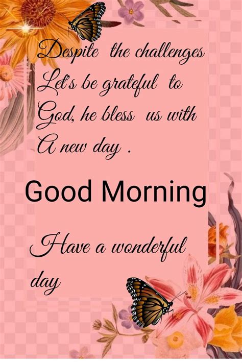 A Pink Card With Flowers And Butterflies On It Saying Good Morning