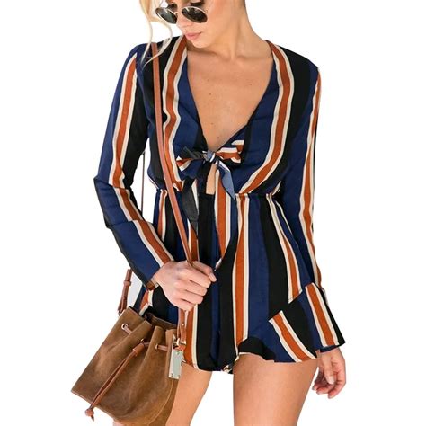 Sexy England Style Playsuit Summer Beach Women Deep V Neck Bow Womens