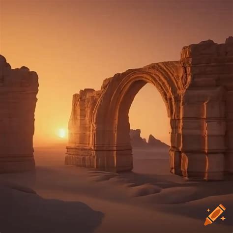 Sunrise Over Ancient Desert Ruins With Golden Arches On Craiyon