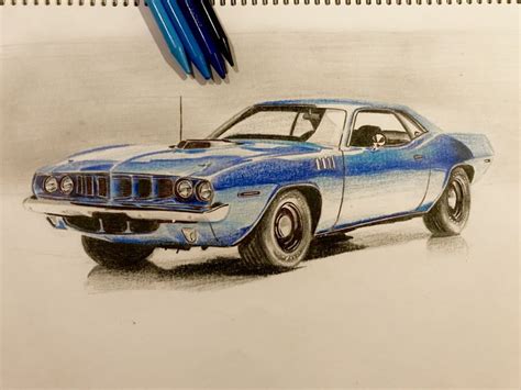 A Drawing Of A Blue Muscle Car In Color Pencils