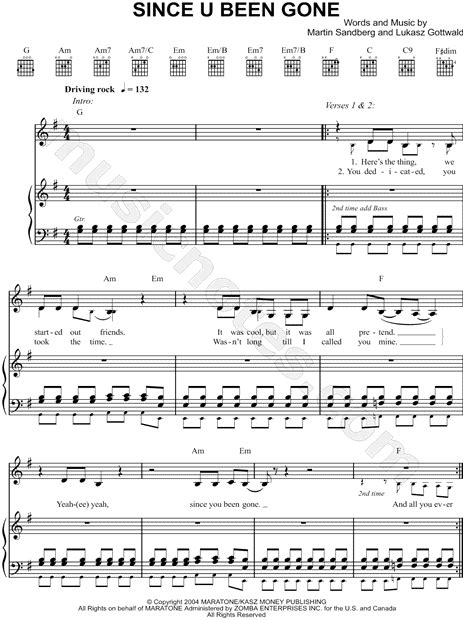 Kelly Clarkson Since U Been Gone Sheet Music In G Major Transposable