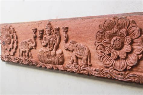 Lakshmi Statue Hindu Goddess Of Wealth Wooden Wall Panel Lintel Mandala