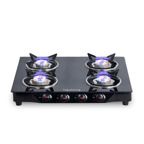 Lifelong Glass Top Gas Stove 4 Burner Gas Stove Black ISI Certified