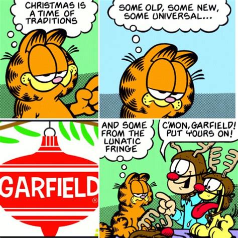 garfield the cat is talking to another cartoon character about garfield's christmas ornament