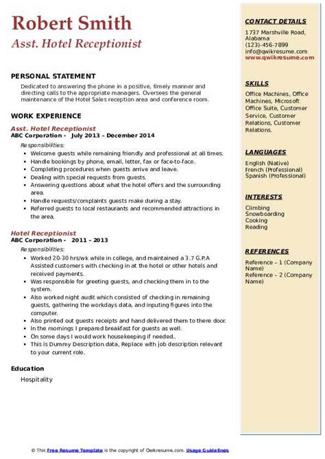 hotel front desk receptionist resume Hotel receptionist resume sample ...