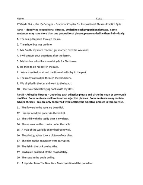 Prepositional Phrase Worksheet Grade 6