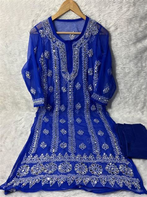 Xl Blue Mirror Work Chikankari Georgette Kurti Inner Set Wash Care