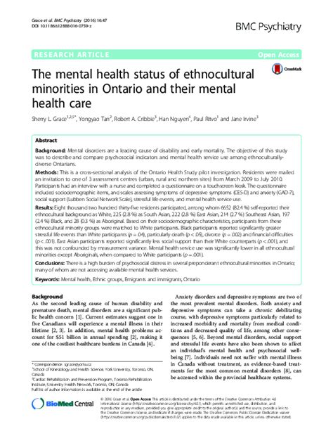 Pdf The Mental Health Status Of Ethnocultural Minorities In Ontario