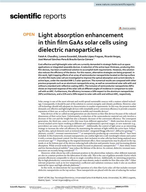 Pdf Light Absorption Enhancement In Thin Film Gaas Solar Cells Using