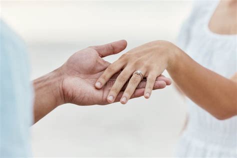 Engagement Proposal Couple Hand And Marriage Ring On Vacation At Beach